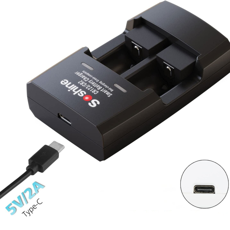 Soshine punjač za željezo-litijske baterije CR123/CR2, 16340/14250, 3.6V, 2x500mA, ulaz 5V, CE