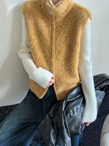 Női mellény cipzárral, koreai stílus, álló gallér, poliészter, lazán szabott