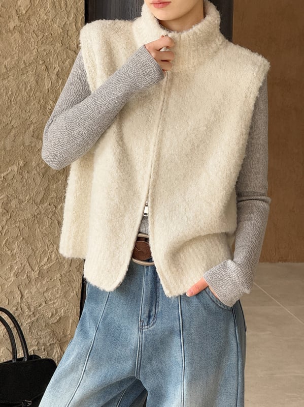 Női mellény cipzárral, koreai stílus, álló gallér, poliészter, lazán szabott