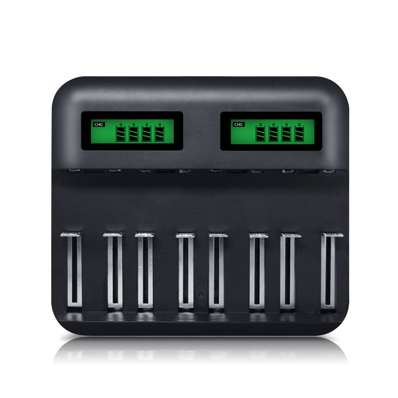 LCD višestruki punjač za baterije s 8 utora za C/D/AA/AAA — USB 2A ulaz, izlaz 1.2V 1800mA, CE potvrda