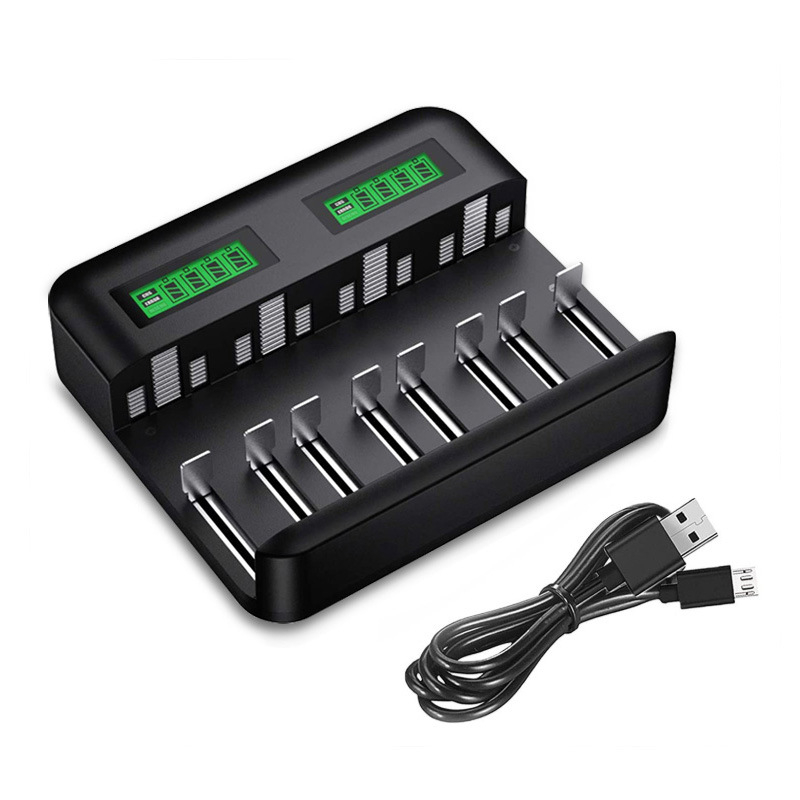 LCD višestruki punjač za baterije s 8 utora za C/D/AA/AAA — USB 2A ulaz, izlaz 1.2V 1800mA, CE potvrda