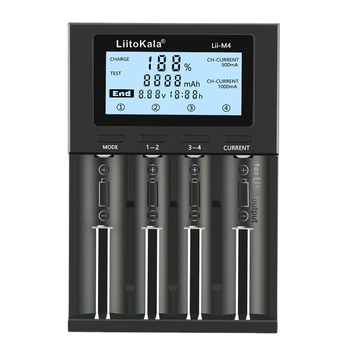 Liitokala M4 4-csatornás Li-ion akkumulátor töltő LCD kijelzővel, független csatornák, 4.20V csatornánként, 0.5A (×4) vagy 1.0A (×2), Bemenet 5V/2A, CE