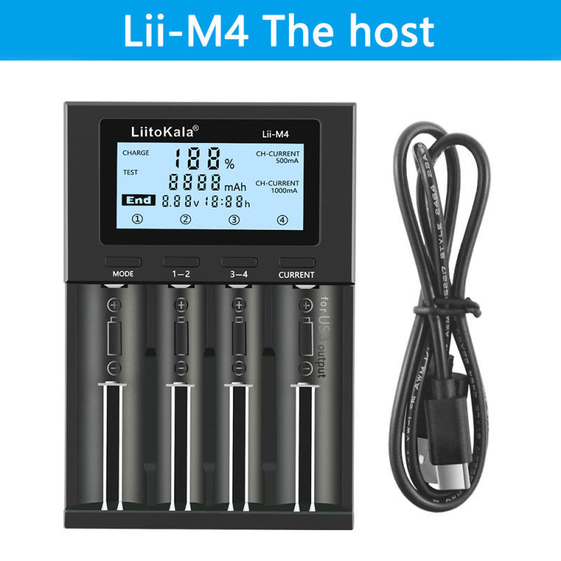 Liitokala M4 4-csatornás Li-ion akkumulátor töltő LCD kijelzővel, független csatornák, 4.20V csatornánként, 0.5A (×4) vagy 1.0A (×2), Bemenet 5V/2A, CE