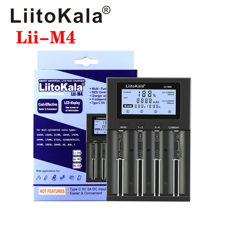 Liitokala M4 4-csatornás Li-ion akkumulátor töltő LCD kijelzővel, független csatornák, 4.20V csatornánként, 0.5A (×4) vagy 1.0A (×2), Bemenet 5V/2A, CE