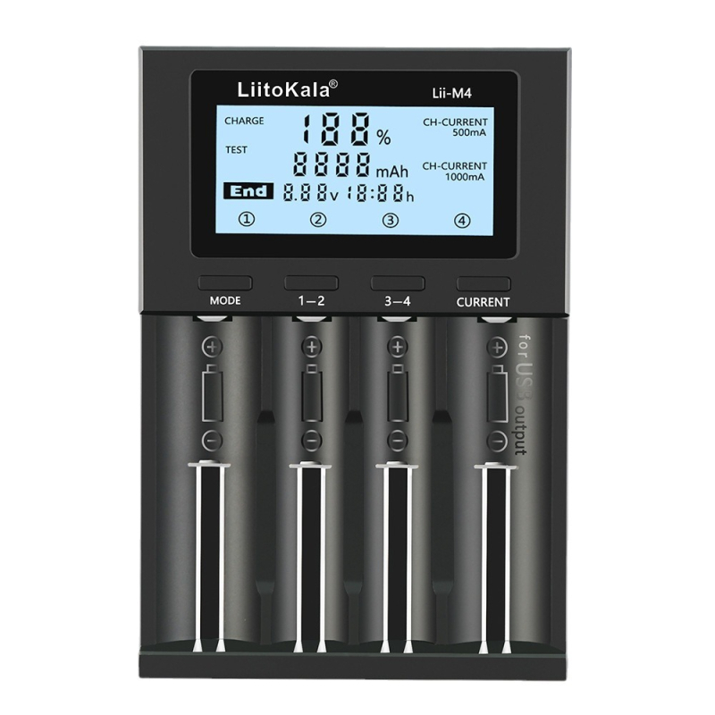 Liitokala M4 4-csatornás Li-ion akkumulátor töltő LCD kijelzővel, független csatornák, 4.20V csatornánként, 0.5A (×4) vagy 1.0A (×2), Bemenet 5V/2A, CE