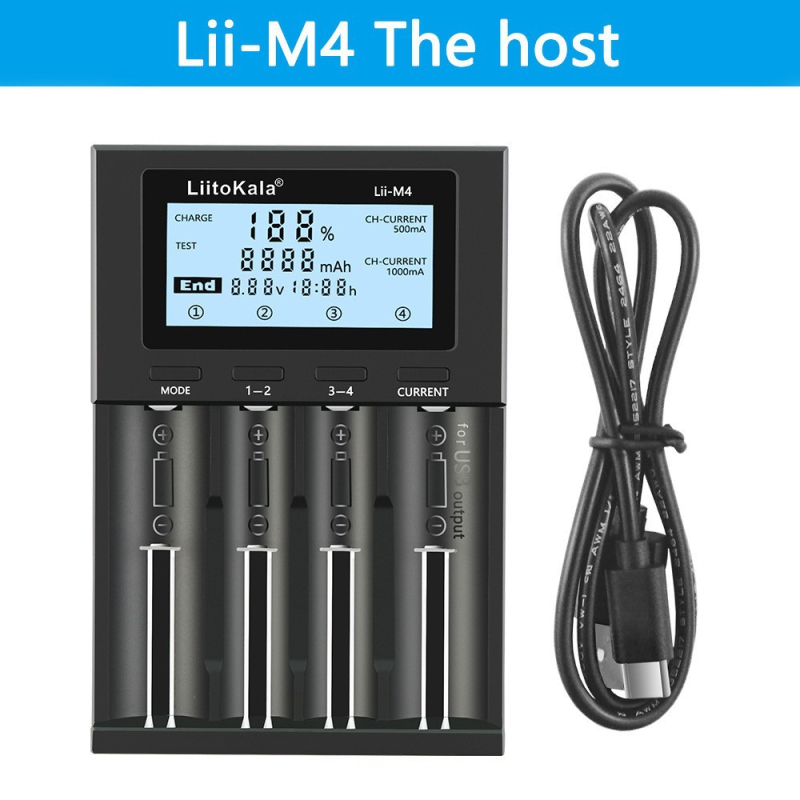 Liitokala M4 4-csatornás Li-ion akkumulátor töltő LCD kijelzővel, független csatornák, 4.20V csatornánként, 0.5A (×4) vagy 1.0A (×2), Bemenet 5V/2A, CE