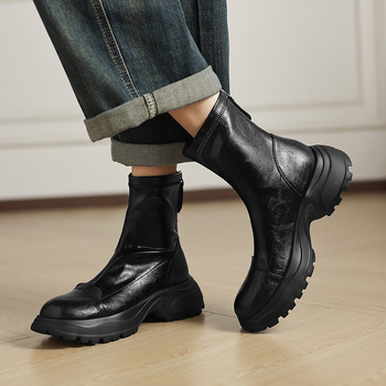 Дамски ултра-леки къси ботуши с платформа и дебела подметка, закрълен нос, ток 6–8 cm, цип