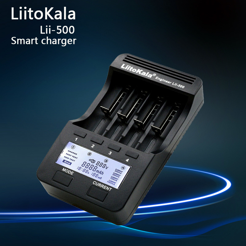 LiitoKala lii-500 punjač litijske baterije s LCD zaslonom – ulaz DC12V; izlaz 4.2V 300/500/700/1000mA; kompatibilno s 18650/26650 ćelijama