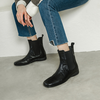 Chelsea ботуши, кожа от първи слой, подплата от свинска кожа, квадратен нос, дебел ток 3-5 cm, гумена подметка, подходящи за всички сезони