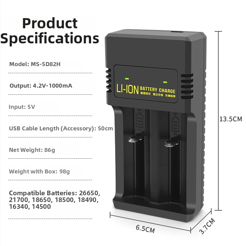Punjač litijevih baterija s dvostrukim utora, USB i Type-C sučelje (ulaz 5V, izlaz 4.2V 1A)