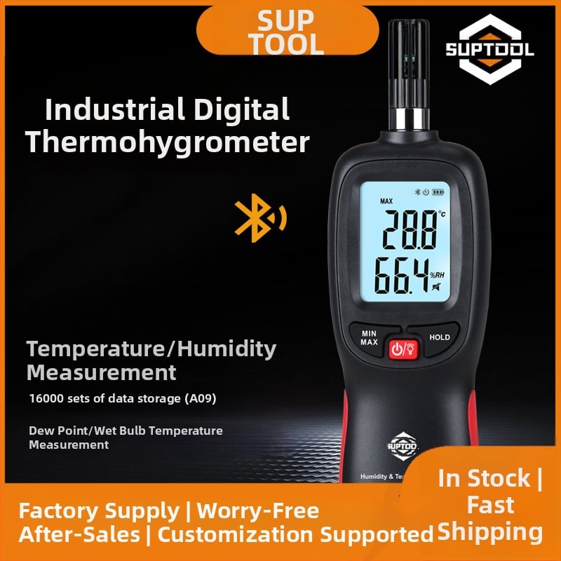 Ръчен Bluetooth термометър и хигромер с цифров дисплей — SUPTOOL, захранван с AAA батерия, за фабрични и лабораторни условия