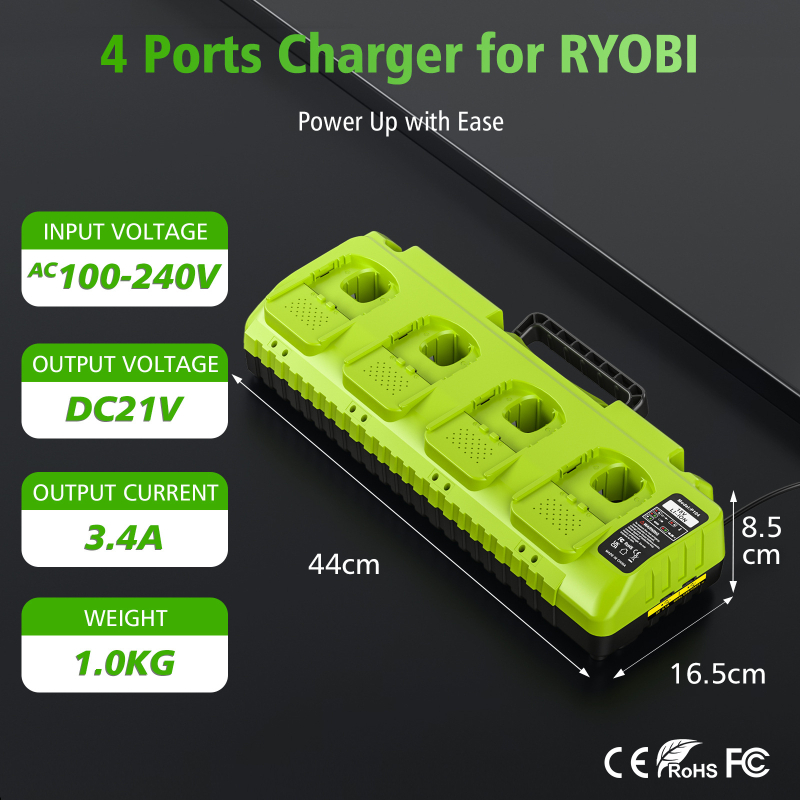 Punjač baterija za Ryobi 18V Li‑ion s USB-om, ulaz 100–240 V AC, izlaz 21 V DC 13,6 A