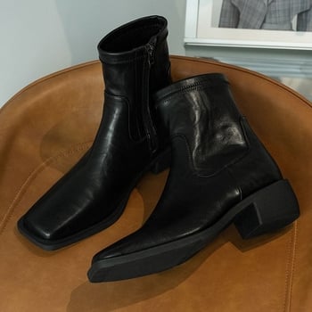 Ghete Chelsea cu vârf rotund, toc gros 3-5 cm, gambă medie, parte superioară din super fibră