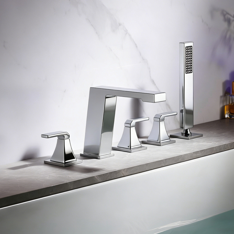 Σετ βρύσης μπάνιου από ολόχαλκο, σε στυλ περιβλήματος με πέντε οπές, διαχωρισμένος σετ για μπανιέρα-ντους, ανάμεικτης ζεστού-κρύου, 1/2 in σύνδεση