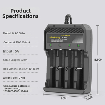 Četveroslotni USB punjač za 18650 Li-ion baterije, pametni punjač, ulaz 5V, izlaz 4.2V 2A, RoHS