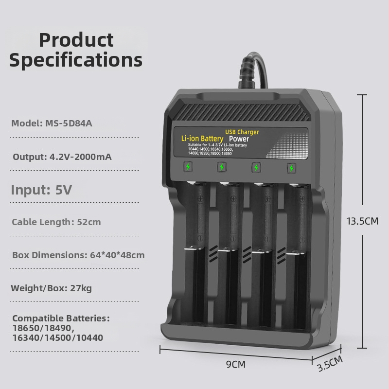 Četveroslotni USB punjač za 18650 Li-ion baterije, pametni punjač, ulaz 5V, izlaz 4.2V 2A, RoHS