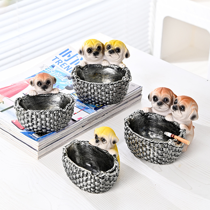Scrumieră din rășină, design drăguț cu un cuplu de câini pentru casă și birou, cu spațiu de depozitare