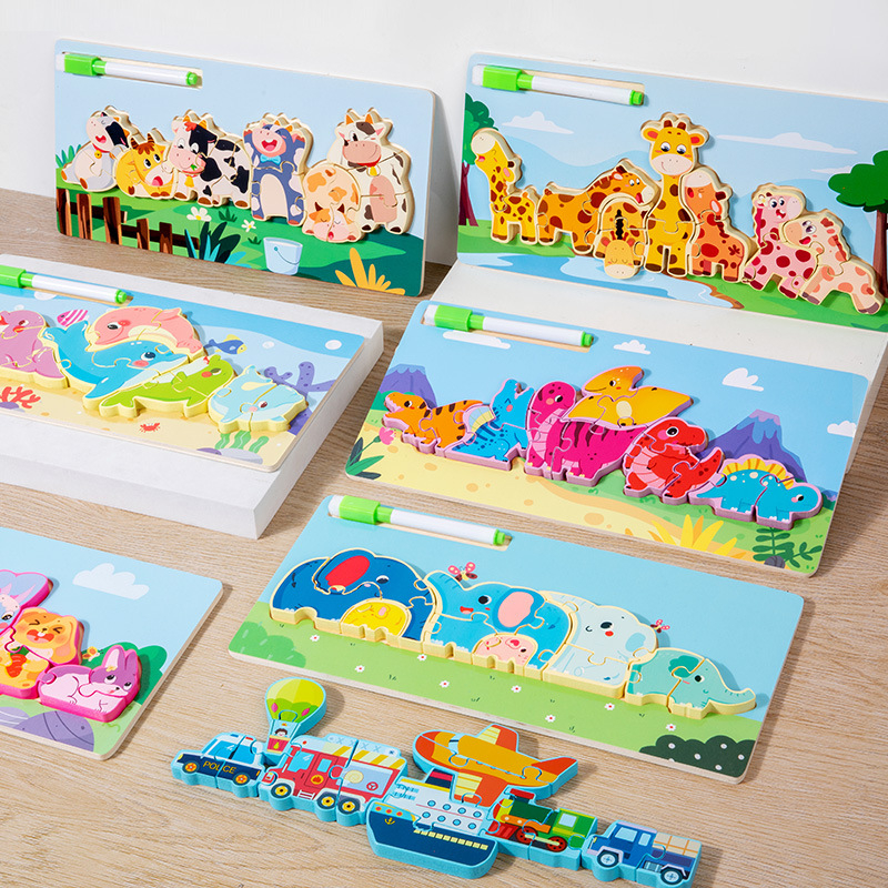 Puzzle 3D din lemn pentru copii de 4-6 ani, cu teme de dinozauri și animale, dificultate elementară, personalizare logo OEM.