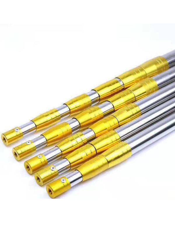 Rozsdamentes acélból készült teleszkópos halászati háló rúd, 6 részes, állítható, hossz 1.5–6 m, kampóval és gyümölcs szedő adapterrel