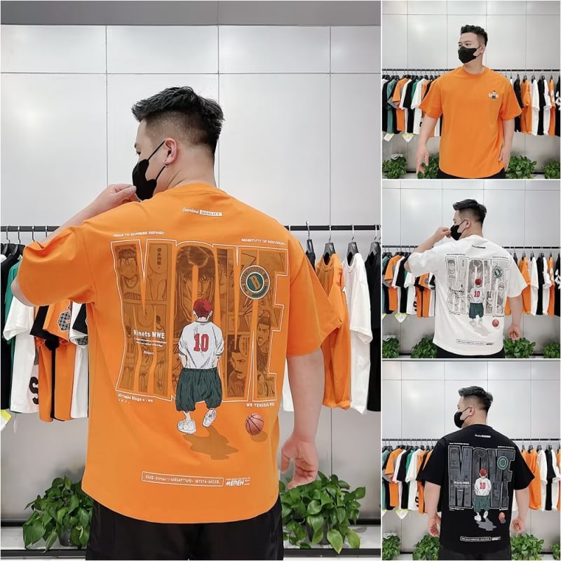 Slam Dunk muški kratkih rukava T-shirt, tisk Cartoon košarka, korejski stil, slim fit, okrugli izrez, 96% combed cotton