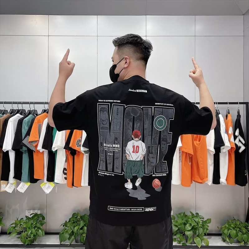 Slam Dunk muški kratkih rukava T-shirt, tisk Cartoon košarka, korejski stil, slim fit, okrugli izrez, 96% combed cotton