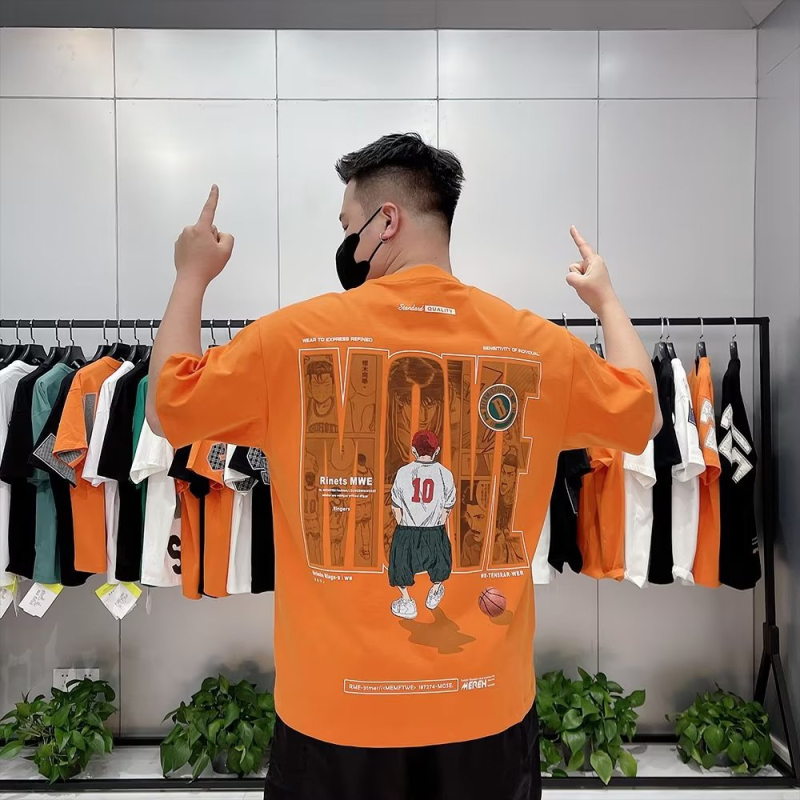 Slam Dunk muški kratkih rukava T-shirt, tisk Cartoon košarka, korejski stil, slim fit, okrugli izrez, 96% combed cotton