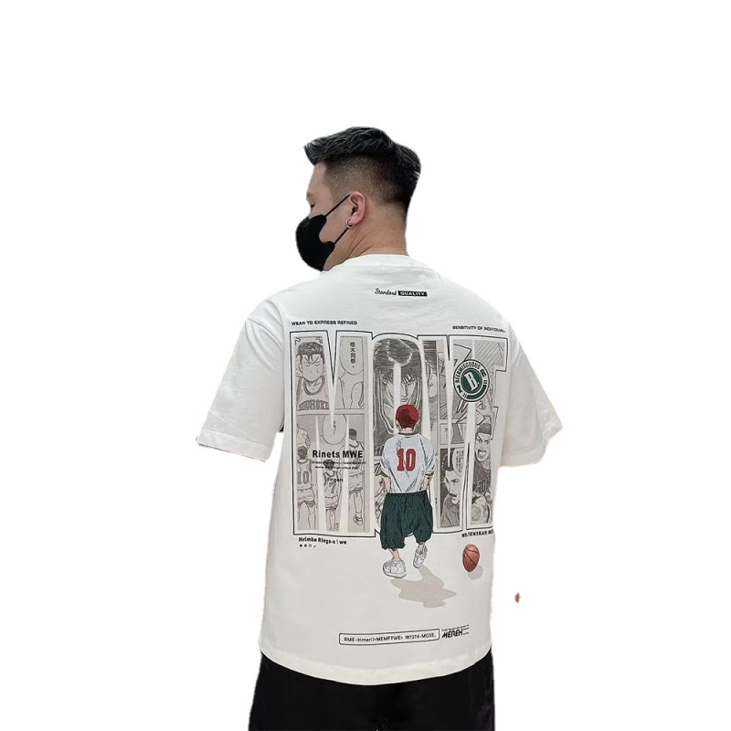 Slam Dunk muški kratkih rukava T-shirt, tisk Cartoon košarka, korejski stil, slim fit, okrugli izrez, 96% combed cotton