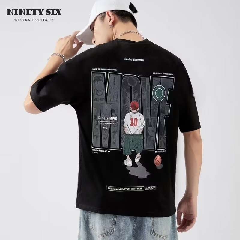 Slam Dunk muški kratkih rukava T-shirt, tisk Cartoon košarka, korejski stil, slim fit, okrugli izrez, 96% combed cotton