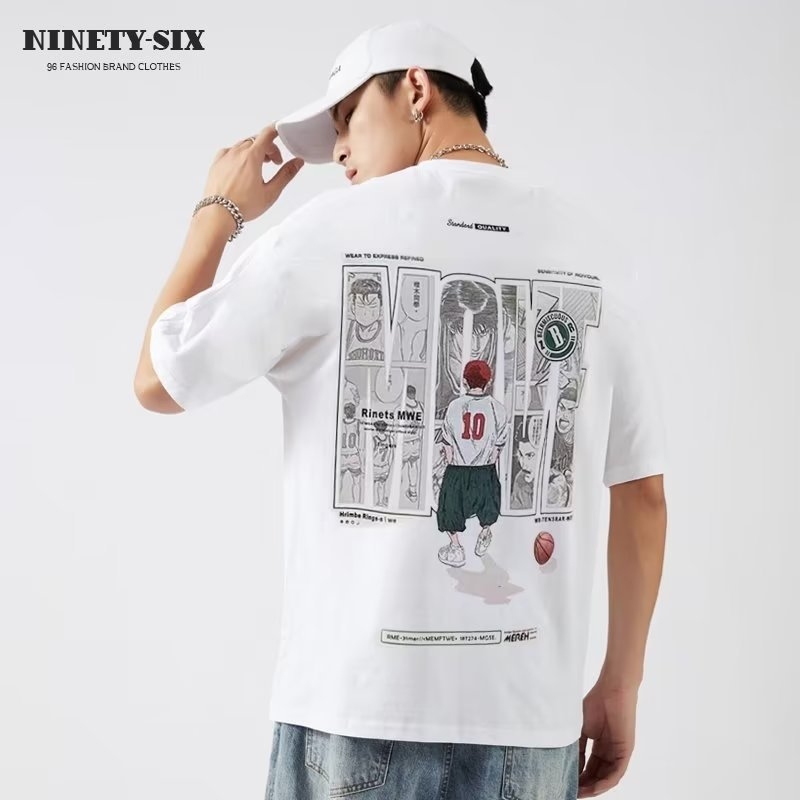 Slam Dunk muški kratkih rukava T-shirt, tisk Cartoon košarka, korejski stil, slim fit, okrugli izrez, 96% combed cotton