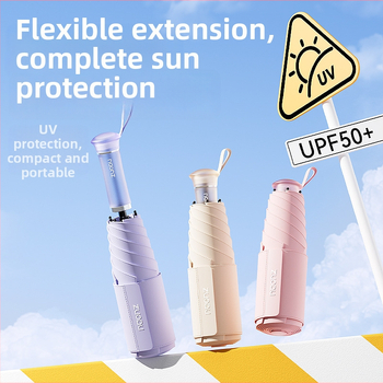 Umbrelă de soare retractabilă, protecție UV UPF 50+, duală – soare și ploaie, pliabilă, compactă, cu 6 brațe și tijă centrală din aliaj