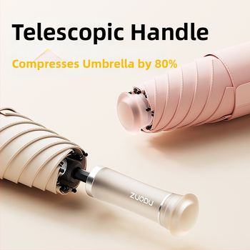 Umbrelă de soare retractabilă, protecție UV UPF 50+, duală – soare și ploaie, pliabilă, compactă, cu 6 brațe și tijă centrală din aliaj