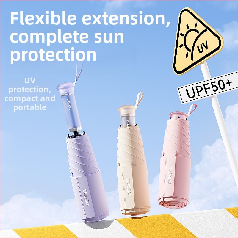 Umbrelă de soare retractabilă, protecție UV UPF 50+, duală – soare și ploaie, pliabilă, compactă, cu 6 brațe și tijă centrală din aliaj