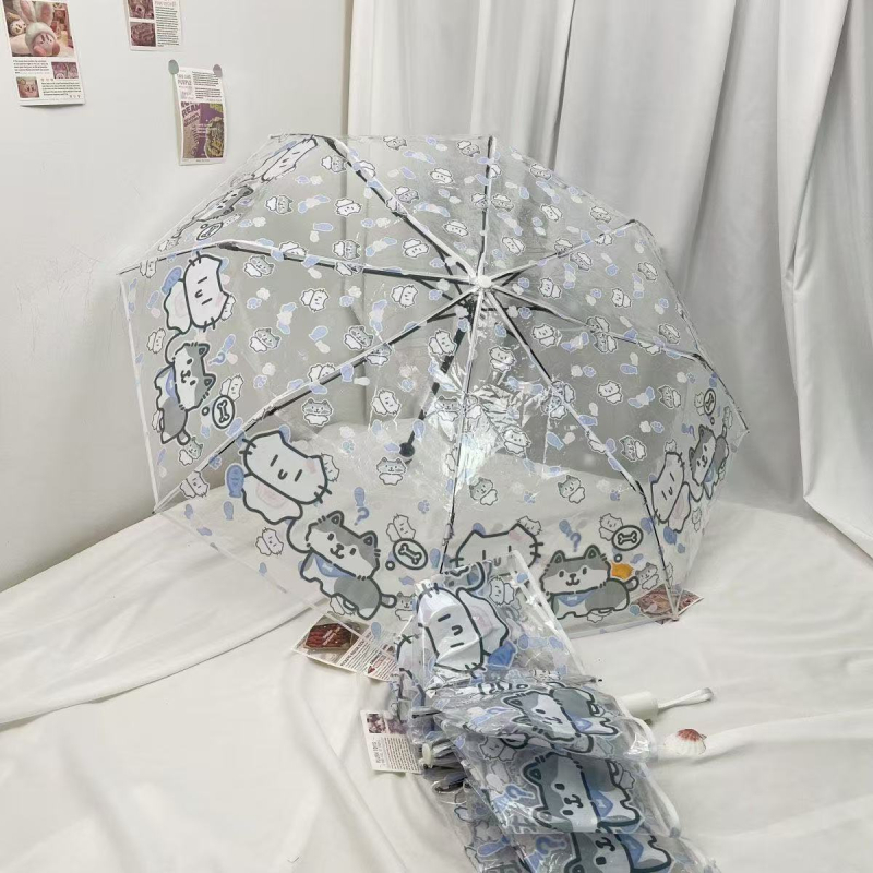 Átlátszó összehajtható esernyő diákok számára (kézi nyitás, automatikus zárás, műanyag borítás, műanyag bordák, műanyag fogantyú)