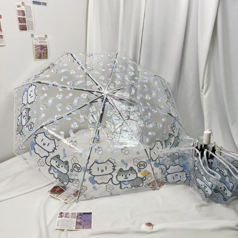 Átlátszó összehajtható esernyő diákok számára (kézi nyitás, automatikus zárás, műanyag borítás, műanyag bordák, műanyag fogantyú)