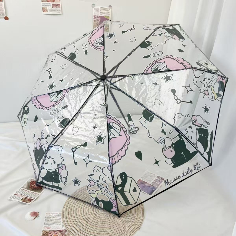 Átlátszó összehajtható esernyő diákok számára (kézi nyitás, automatikus zárás, műanyag borítás, műanyag bordák, műanyag fogantyú)