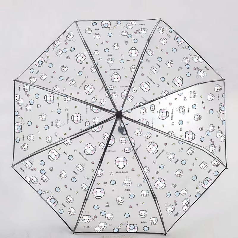 Átlátszó összehajtható esernyő diákok számára (kézi nyitás, automatikus zárás, műanyag borítás, műanyag bordák, műanyag fogantyú)