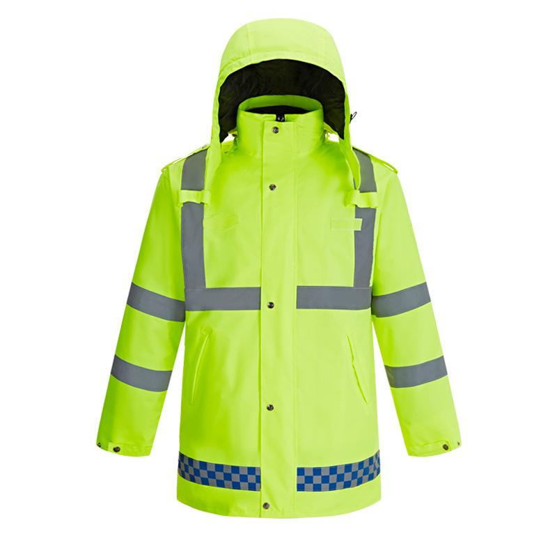 Téli szolgálati reflektív esőkabát meleg pamut béléses és levehető belső résszel, Oxford anyagból, vízálló