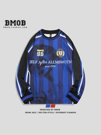 Csíkos mintázatú póló, bő szabású, kerek nyakú, hosszú ujjú, poliészter anyagú