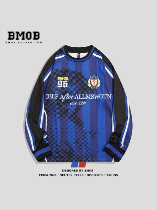 Csíkos mintázatú póló, bő szabású, kerek nyakú, hosszú ujjú, poliészter anyagú