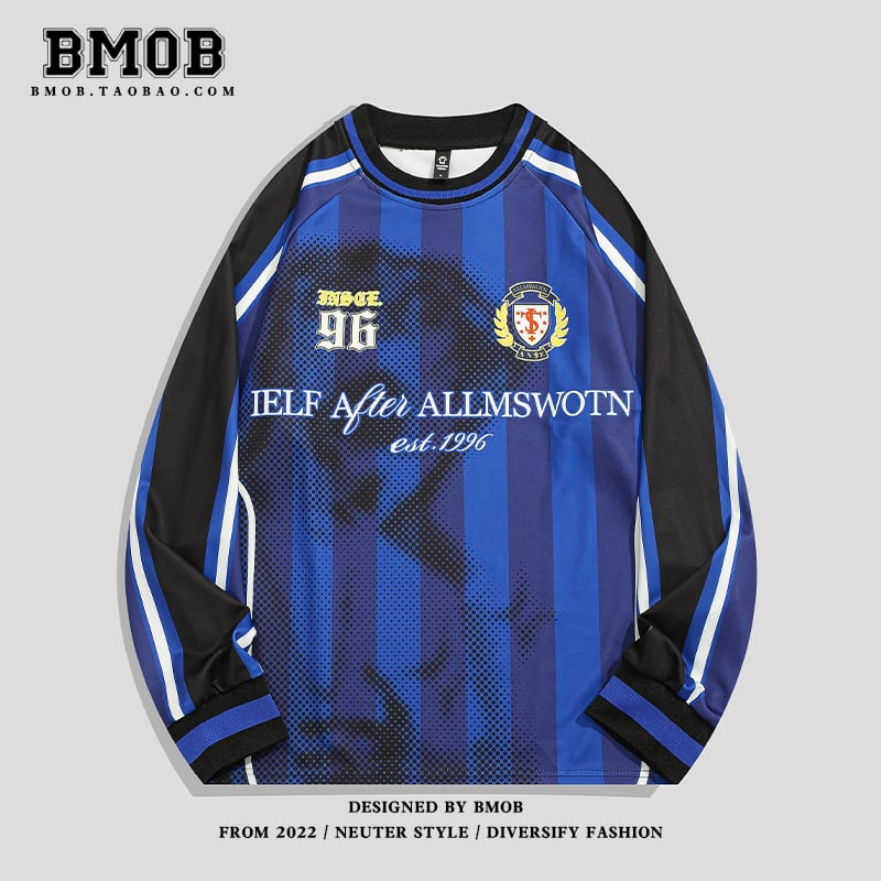 Csíkos mintázatú póló, bő szabású, kerek nyakú, hosszú ujjú, poliészter anyagú