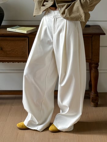 Παντελόνια από πολυεστέρα με ψηλή μέση, μακριά έως το πάτωμα, πιέτες και φαρδιά γραμμή, κορεάτικου casual στυλ