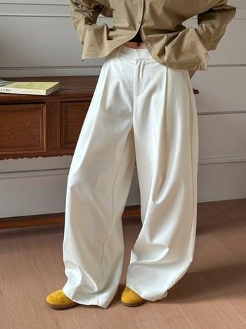 Παντελόνια από πολυεστέρα με ψηλή μέση, μακριά έως το πάτωμα, πιέτες και φαρδιά γραμμή, κορεάτικου casual στυλ