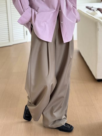 Παντελόνια από πολυεστέρα με ψηλή μέση, μακριά έως το πάτωμα, πιέτες και φαρδιά γραμμή, κορεάτικου casual στυλ