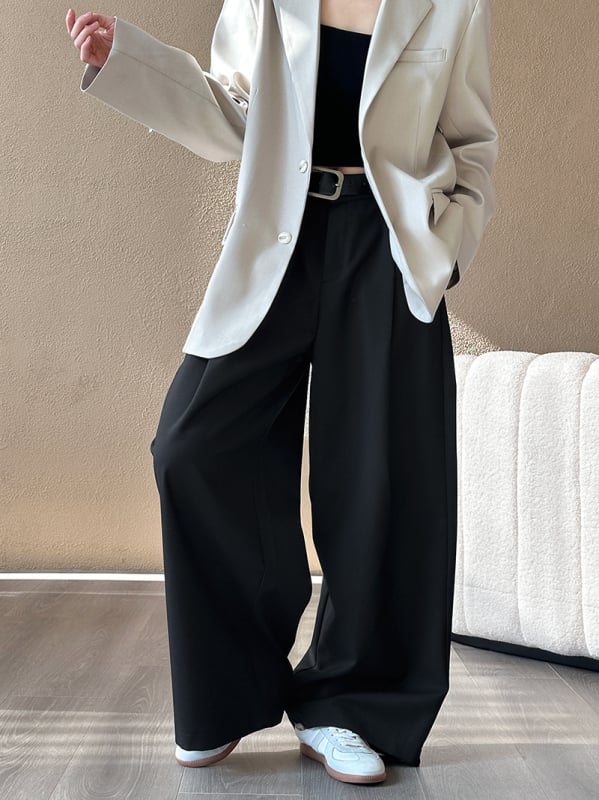 Παντελόνια από πολυεστέρα με ψηλή μέση, μακριά έως το πάτωμα, πιέτες και φαρδιά γραμμή, κορεάτικου casual στυλ