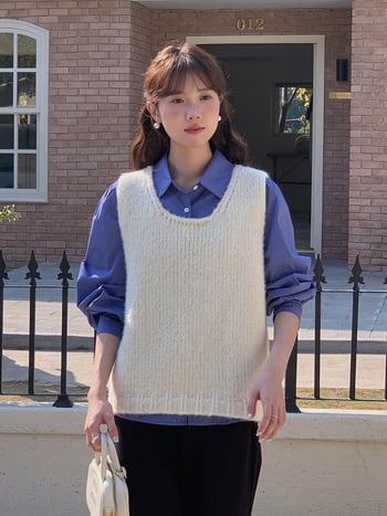 APXIVI Női koreai stílusú kötött mellény, poliészter, négyszögletes gallér, pulóveres zárás, töltet nélküli