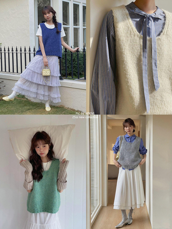 APXIVI Női koreai stílusú kötött mellény, poliészter, négyszögletes gallér, pulóveres zárás, töltet nélküli