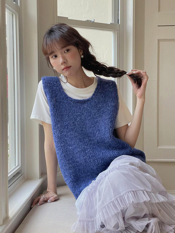 APXIVI Női koreai stílusú kötött mellény, poliészter, négyszögletes gallér, pulóveres zárás, töltet nélküli