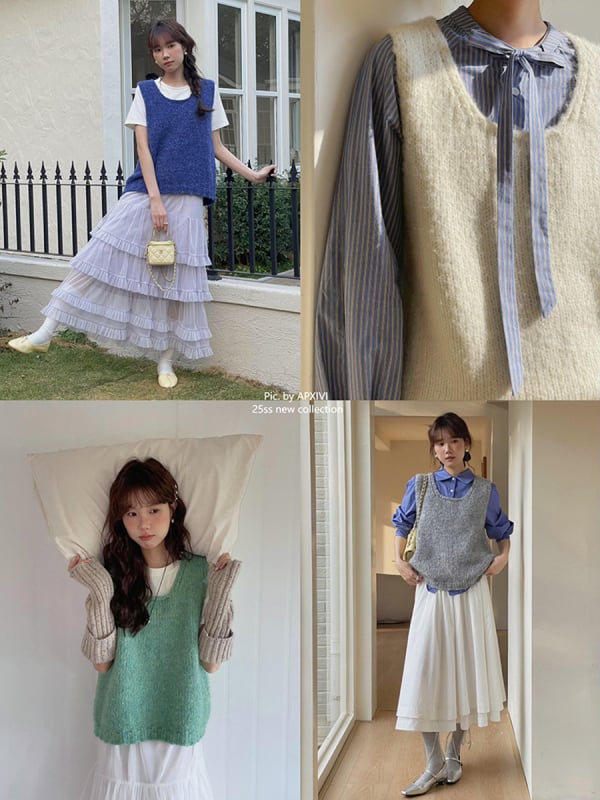 APXIVI Női koreai stílusú kötött mellény, poliészter, négyszögletes gallér, pulóveres zárás, töltet nélküli