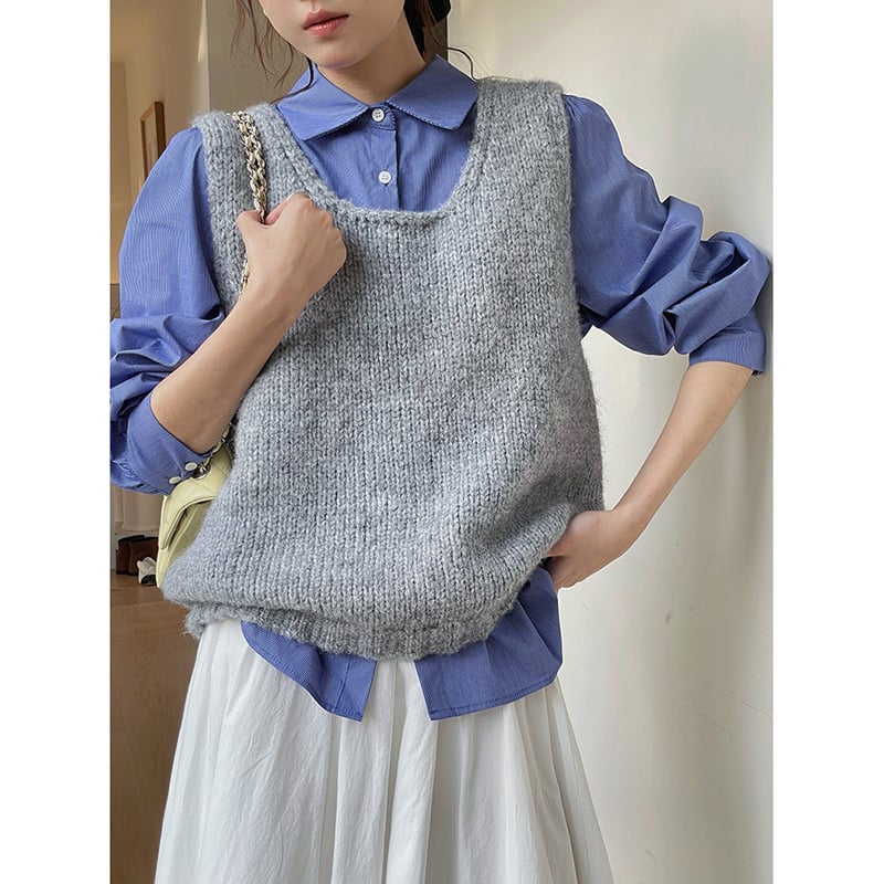 APXIVI Női koreai stílusú kötött mellény, poliészter, négyszögletes gallér, pulóveres zárás, töltet nélküli