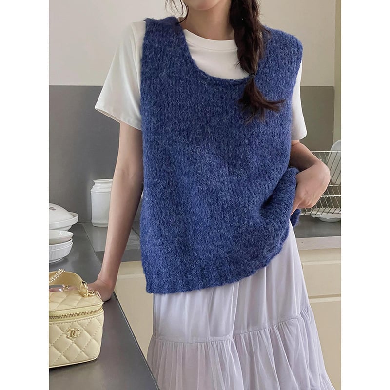 APXIVI Női koreai stílusú kötött mellény, poliészter, négyszögletes gallér, pulóveres zárás, töltet nélküli